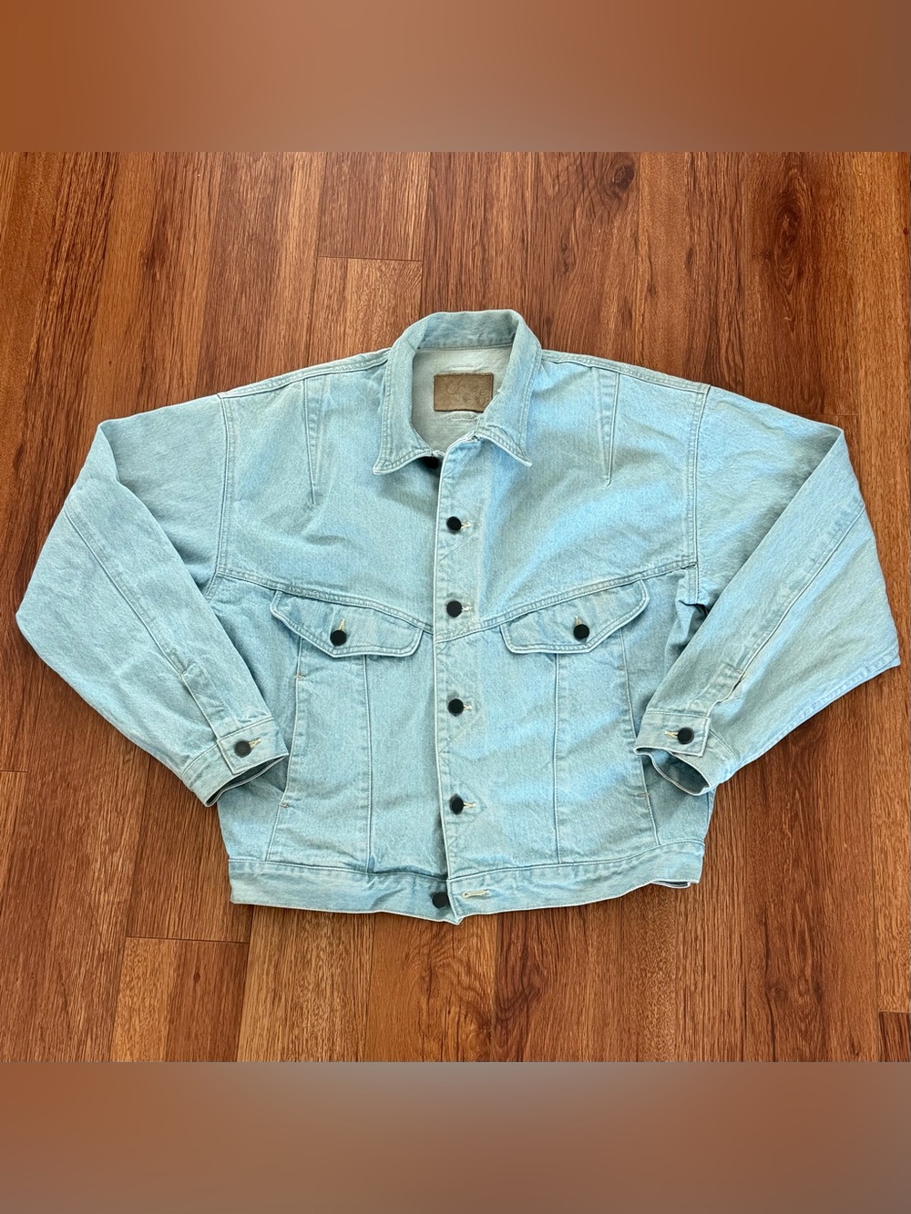 Vintage Code Bleu Mens Medium Denim Jean Jacket Light Wash Chevron Stitch Boxy